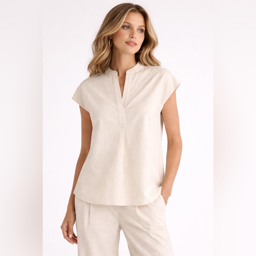 Vince‎ Linen Blend Top Light Oat Neutral Minimalist Size M